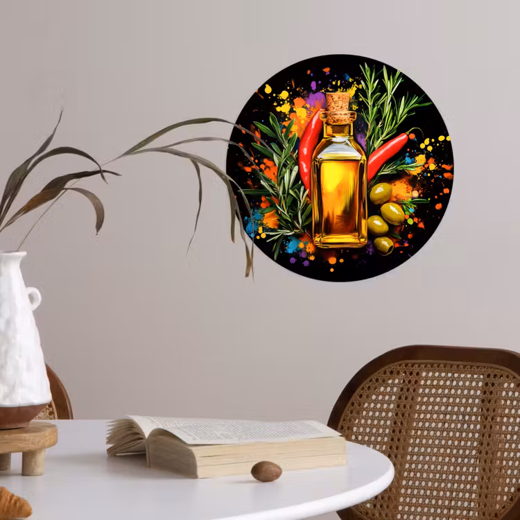Olijfolie - Graffiti - Peper - Olijven - Modern Wandcirkel behangsticker klein -sfeer3
