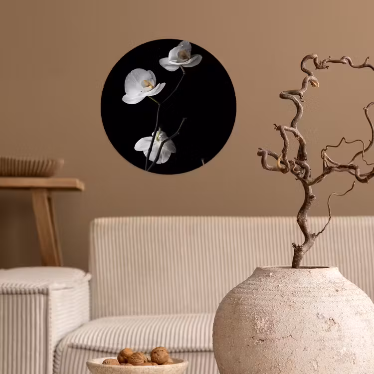 Orchidee - Bloemen - Zwart - Wit - Stilleven Wandcirkel behangsticker klein -sfeer1