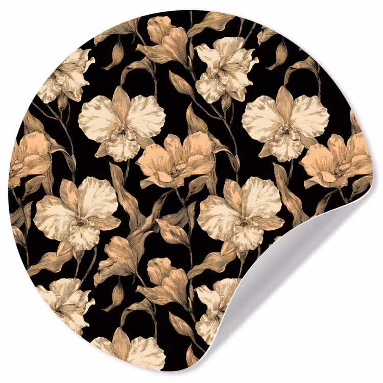 Orchideeën - Lijntekening - Patroon - Beige - Zwart Wandcirkel behangsticker klein 186 -3d