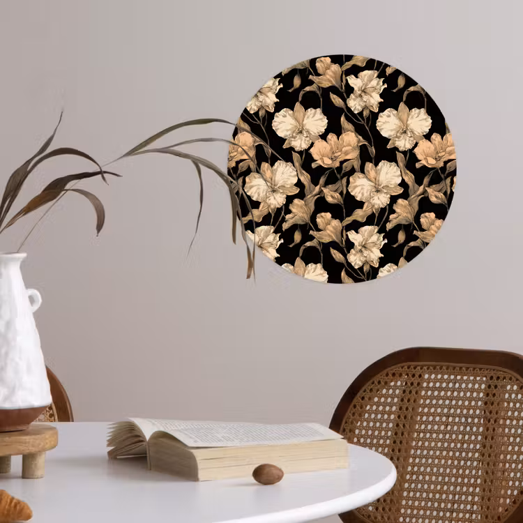 Orchideeën - Lijntekening - Patroon - Beige - Zwart Wandcirkel behangsticker klein 186 -sfeer3