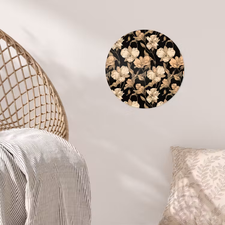 Orchideeën - Lijntekening - Patroon - Beige - Zwart Wandcirkel behangsticker klein 186 -sfeer4