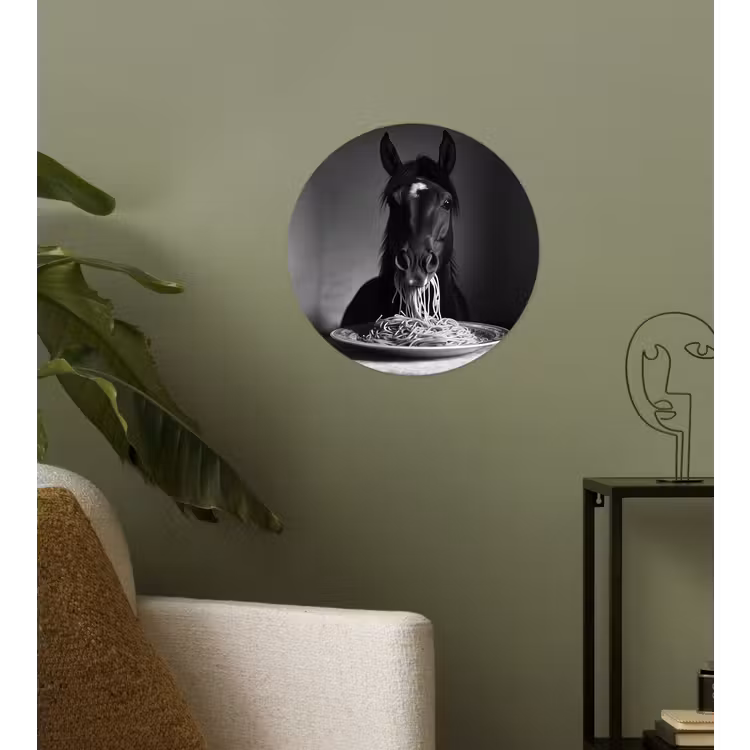 Paard - Bord - Pasta - Tafelkleed - Zwart Wit - Dieren Wandcirkel behangsticker klein -sfeer2