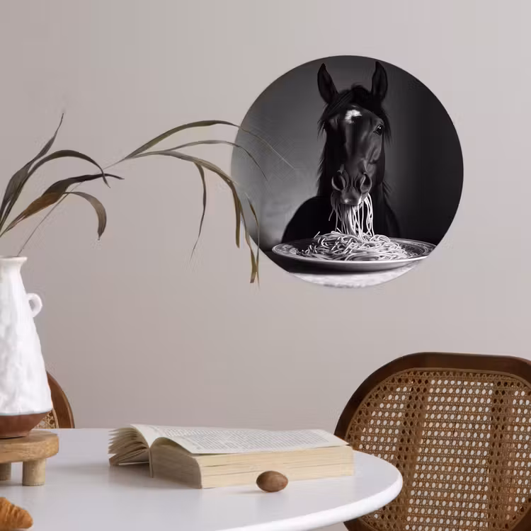 Paard - Bord - Pasta - Tafelkleed - Zwart Wit - Dieren Wandcirkel behangsticker klein -sfeer3