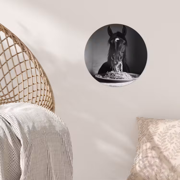 Paard - Bord - Pasta - Tafelkleed - Zwart Wit - Dieren Wandcirkel behangsticker klein -sfeer4