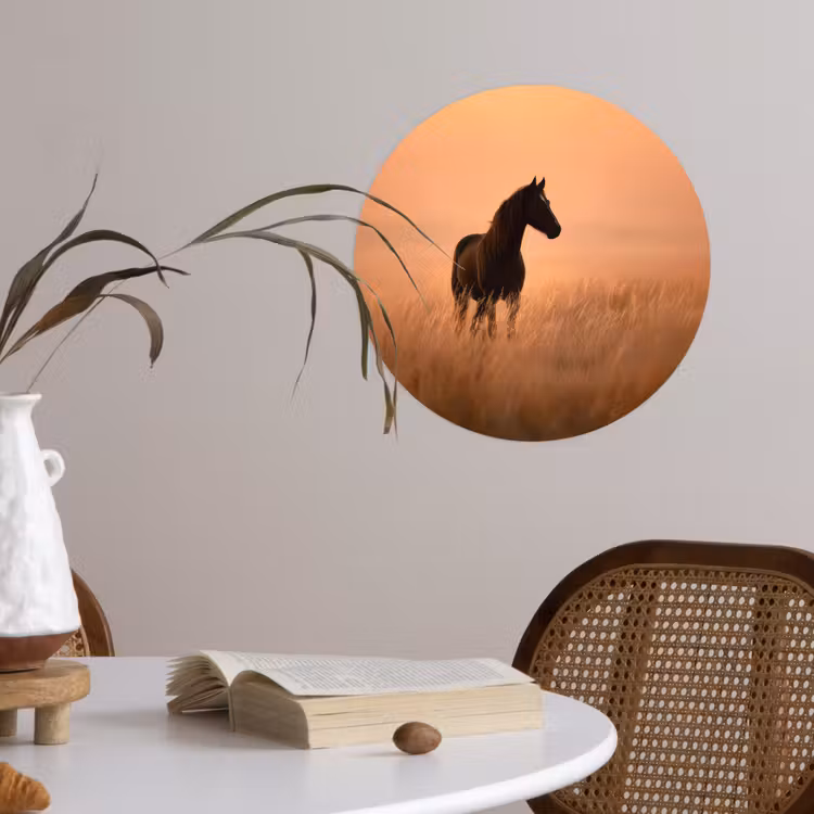 Paard - Grasveld - Zonsondergang Wandcirkel behangsticker klein -sfeer3