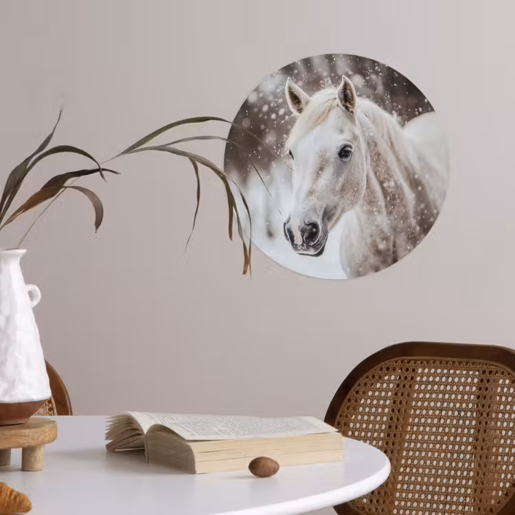Paard - Wit - Winter - Natuur - Sneeuw - Dieren Wandcirkel behangsticker klein -sfeer3