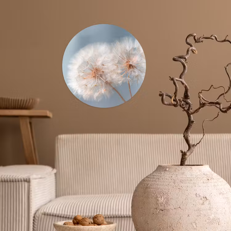 Paardenbloemen - Pluisjes - Wit Wandcirkel behangsticker klein -sfeer1