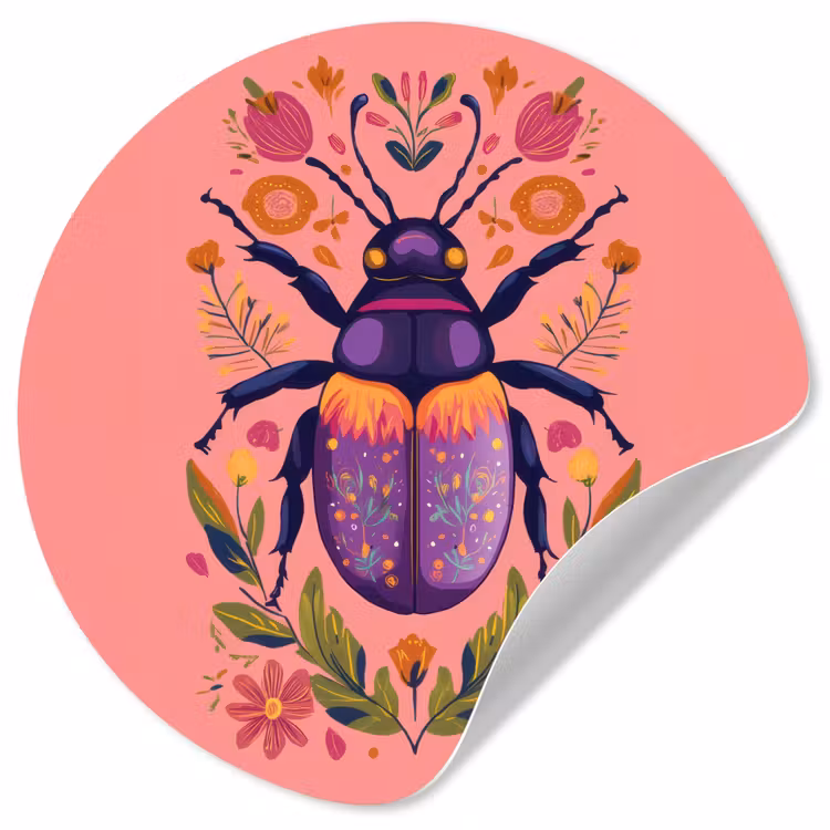 Paars - Kever - Stipjes - Bloemen Wandcirkel behangsticker klein -3d