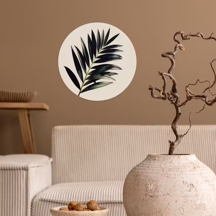 Palmblad - Subtiel - Groen - beige Wandcirkel behangsticker klein -sfeer1