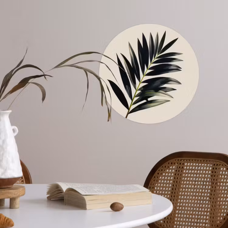 Palmblad - Subtiel - Groen - beige Wandcirkel behangsticker klein -sfeer3