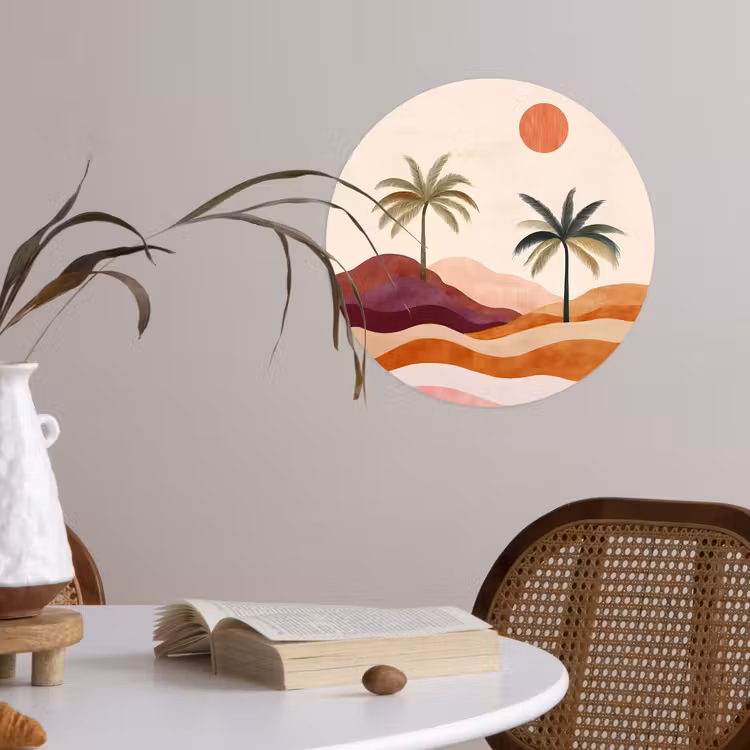 Palmbomen - Abstract - Zon - Heuvels Wandcirkel behangsticker klein -sfeer3