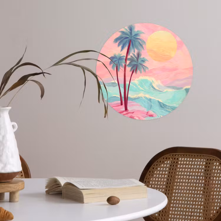 Palmbomen - Golven - Zee Wandcirkel behangsticker klein -sfeer3