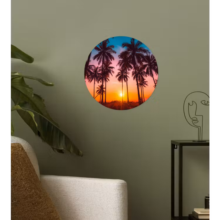 Palmboom - Zonsondergang - Horizon - Strand - Oranje - Roze Wandcirkel behangsticker klein -sfeer2
