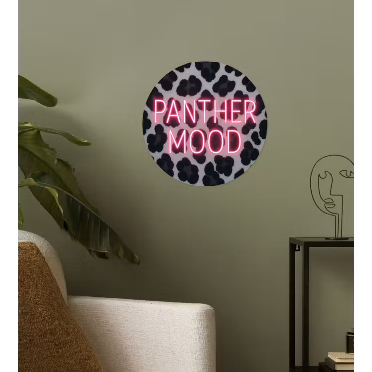 Panterprint - Zwart - Neonletters - Roze Wandcirkel behangsticker klein -sfeer2