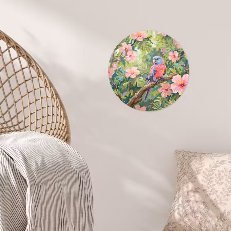Papagaai - Hibiscusbloemen - Kleurrijk Wandcirkel behangsticker klein -sfeer4