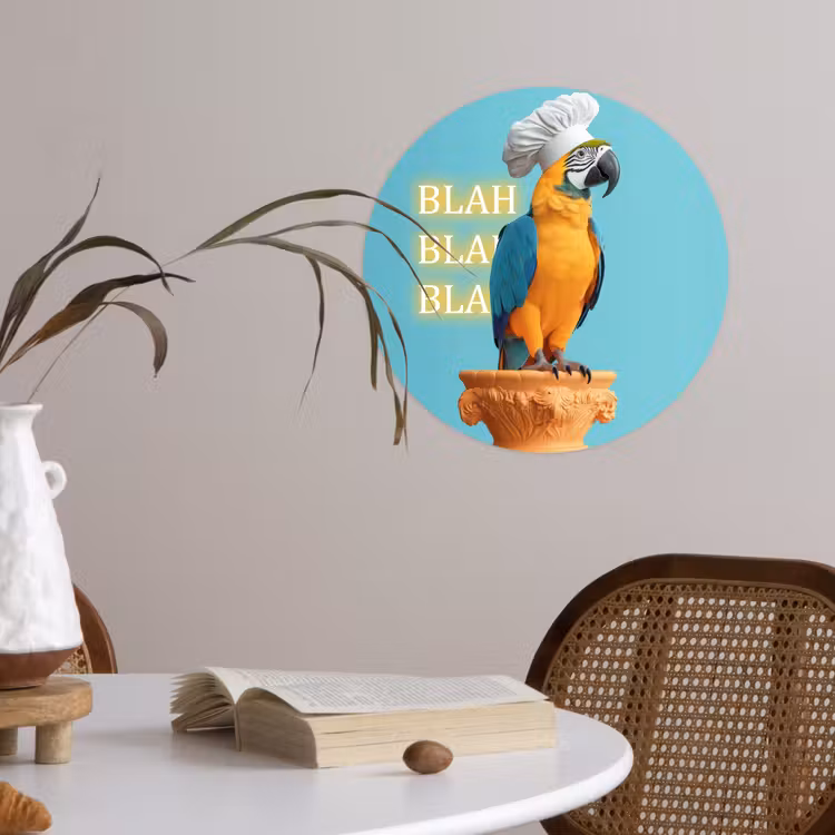 Papegaai - Koksmuts - Quote - Neon Wandcirkel behangsticker klein -sfeer3