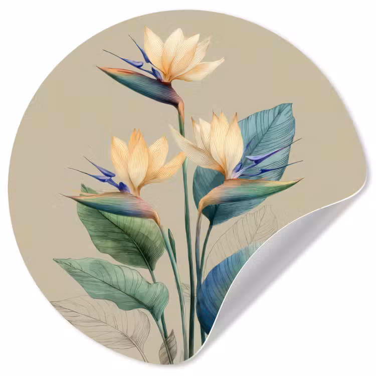 Paradijsvogelbloemen - Blauwgroene bladeren - Beige Wandcirkel behangsticker klein -3d