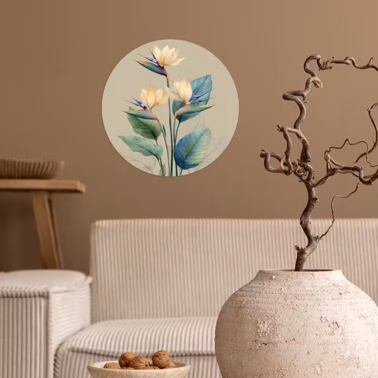Paradijsvogelbloemen - Blauwgroene bladeren - Beige Wandcirkel behangsticker klein -sfeer1