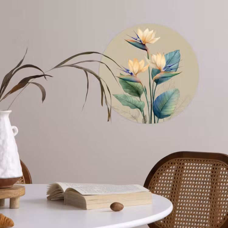 Paradijsvogelbloemen - Blauwgroene bladeren - Beige Wandcirkel behangsticker klein -sfeer3