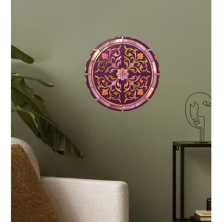 Patroon - Floraal - Oosters - Paars - Goud Wandcirkel behangsticker klein -sfeer2