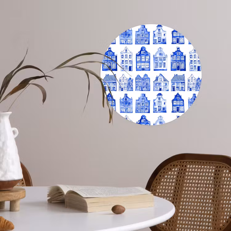 Patroon - Huizen - Blauw Wandcirkel behangsticker klein 186 -sfeer3