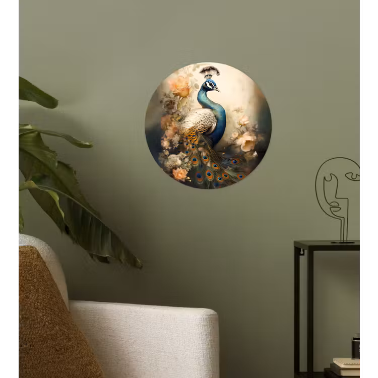 Pauw - Pauwenveren - Bloemen - Vogels - Botanisch Wandcirkel behangsticker klein -sfeer2