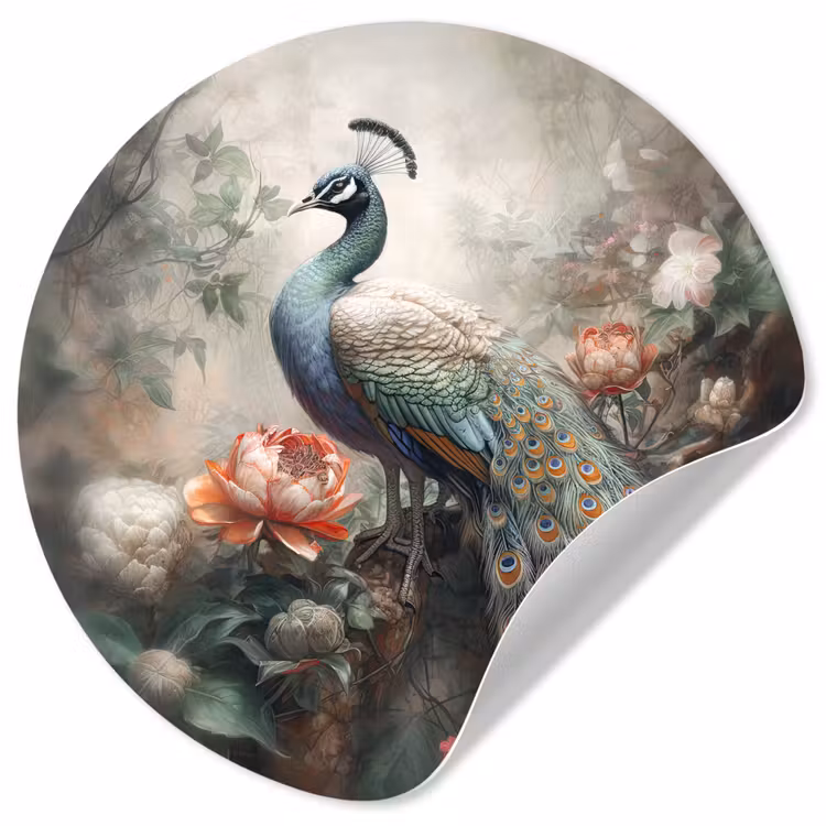 Pauw - Pauwenveren - Vogel - Jungle - Bloemen Wandcirkel behangsticker klein -3d