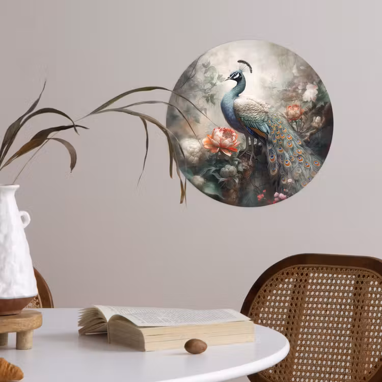 Pauw - Pauwenveren - Vogel - Jungle - Bloemen Wandcirkel behangsticker klein -sfeer3