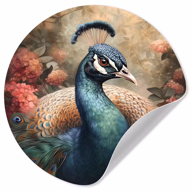 Pauw - Vogel - Bloemen - Planten - Pauwenveren Wandcirkel behangsticker klein -3d