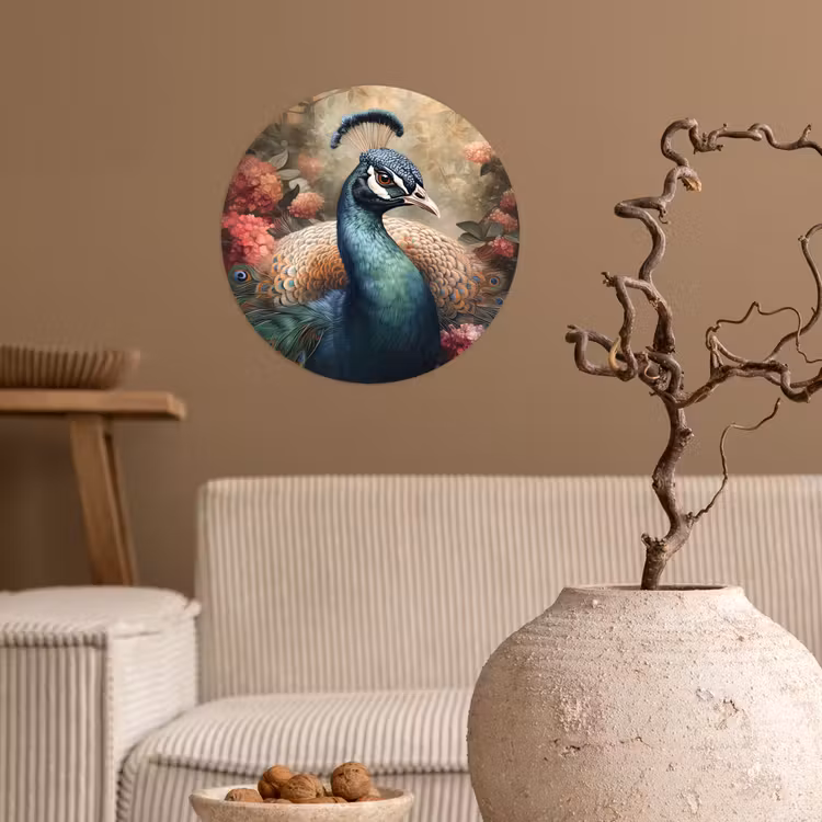 Pauw - Vogel - Bloemen - Planten - Pauwenveren Wandcirkel behangsticker klein -sfeer1