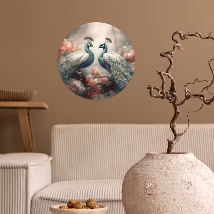 Pauwen - Pauwenveren - Vogels - Bloemen - Natuur Wandcirkel behangsticker klein -sfeer1