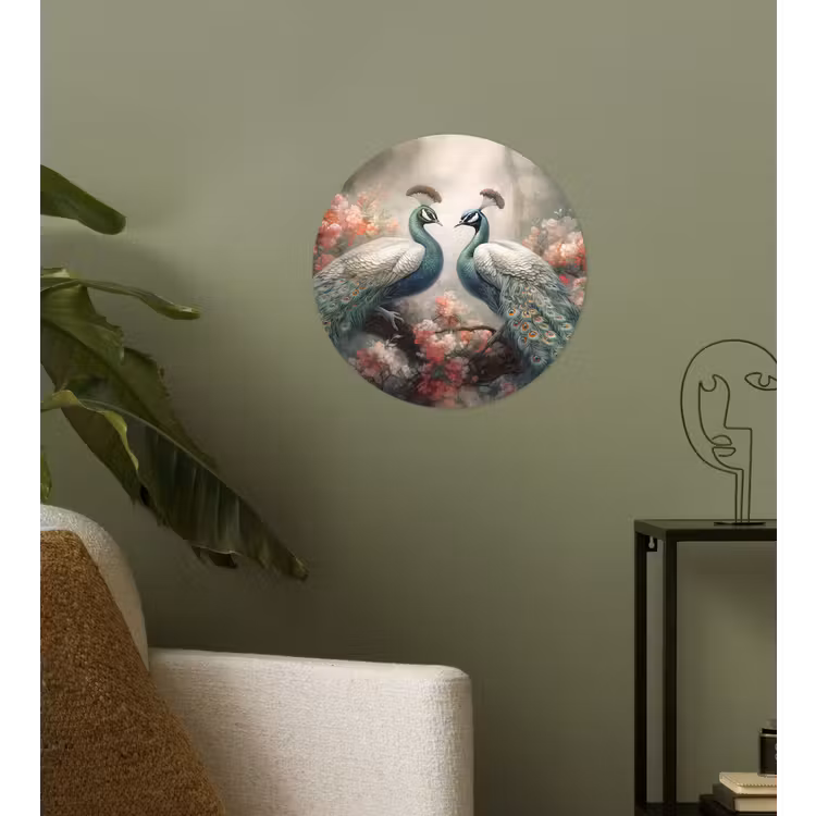 Pauwen - Pauwenveren - Vogels - Bloemen - Natuur Wandcirkel behangsticker klein -sfeer2