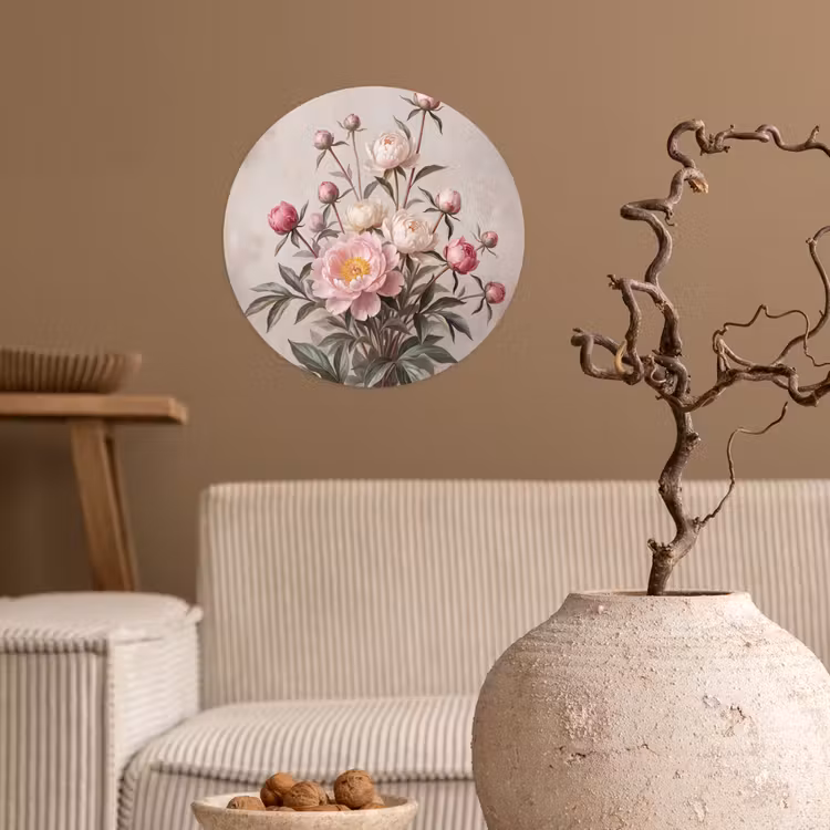 Pioenrozen - Boeket - Roze Wandcirkel behangsticker klein -sfeer1