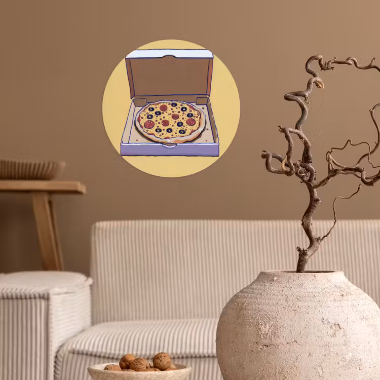 Pizza - Doos - Salami - Illustratie Wandcirkel behangsticker klein -sfeer1
