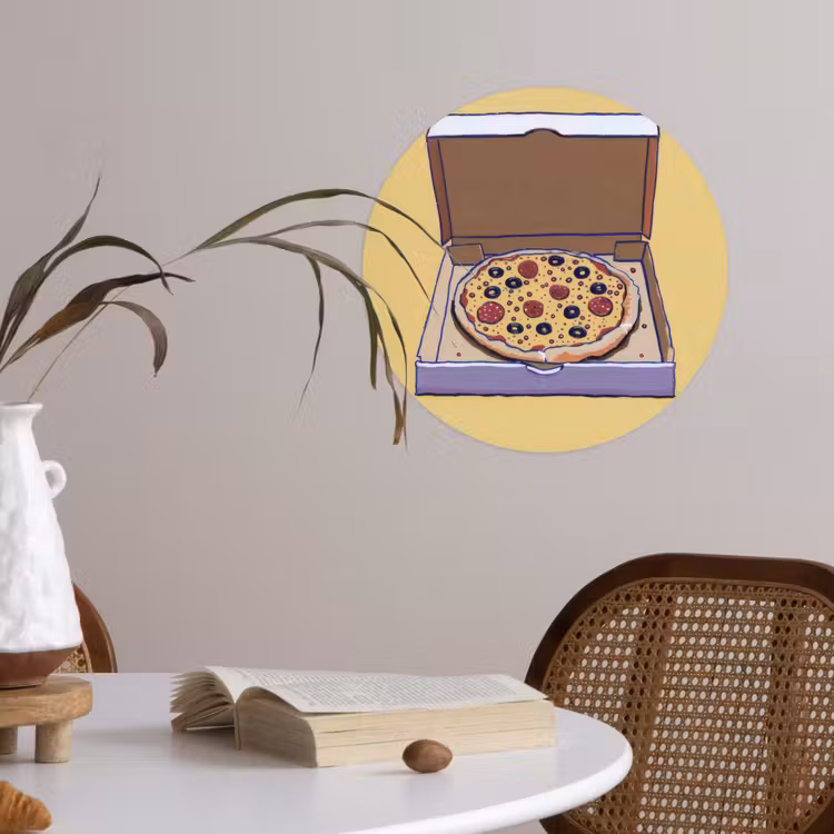 Pizza - Doos - Salami - Illustratie Wandcirkel behangsticker klein -sfeer3
