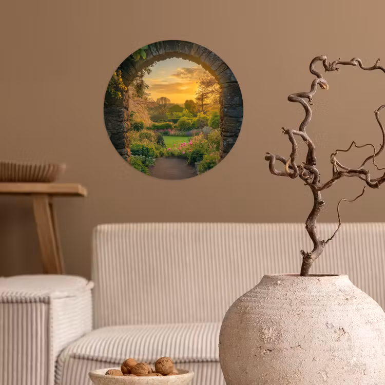Poort - Planten - Zonsondergang Wandcirkel behangsticker klein -sfeer1