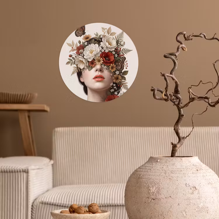 Portret - Bloemen - Cremé Wandcirkel behangsticker klein -sfeer1
