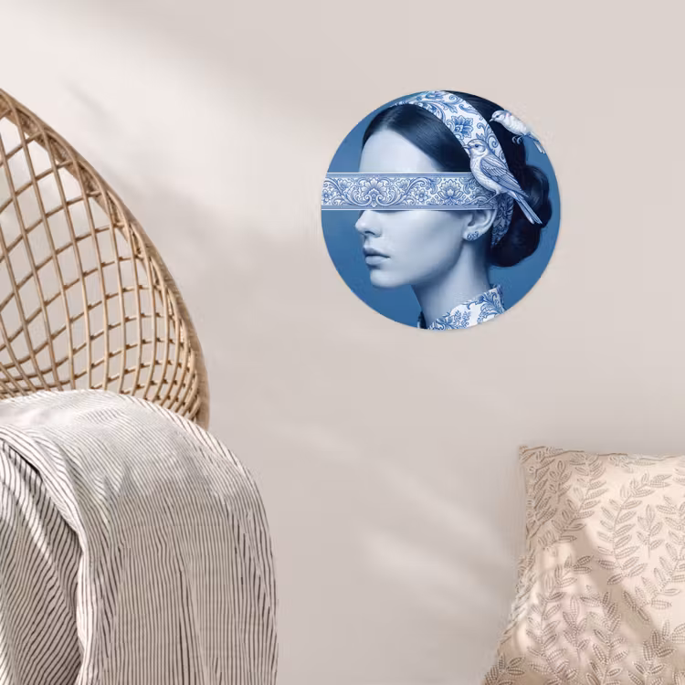 Portret - Klassiek - Wit - Blauw Wandcirkel behangsticker klein -sfeer4