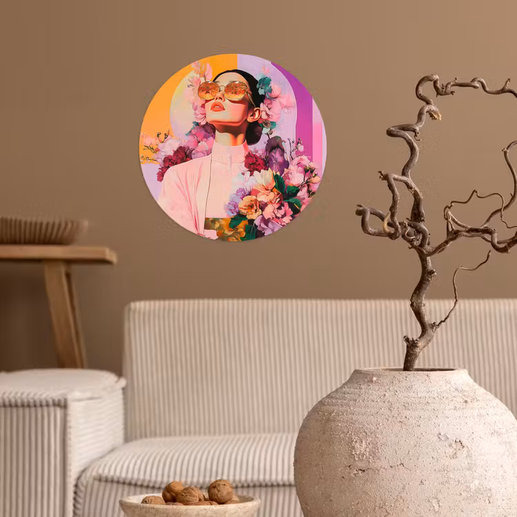 Portret - Vrouw - Abstract - Bloemen Wandcirkel behangsticker klein -sfeer1