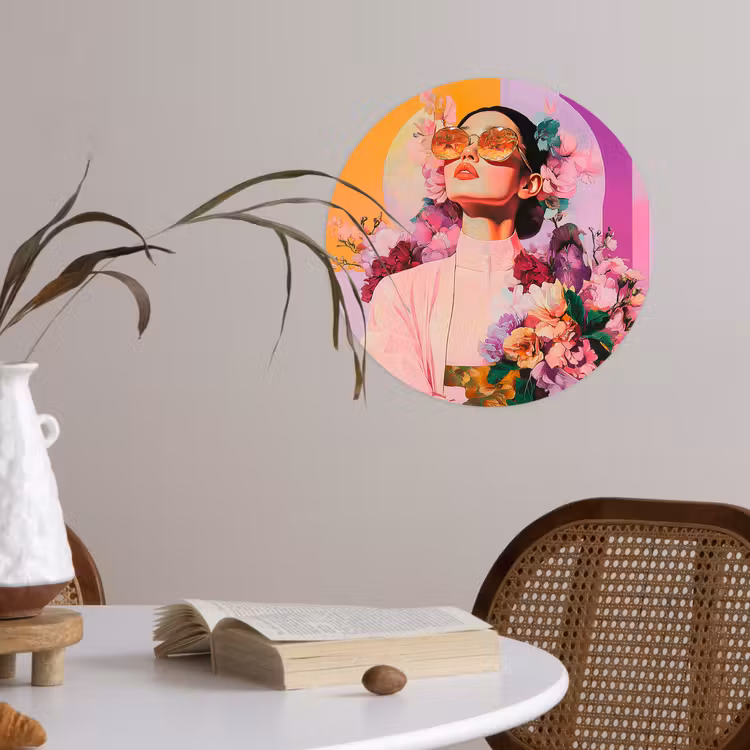 Portret - Vrouw - Abstract - Bloemen Wandcirkel behangsticker klein -sfeer3