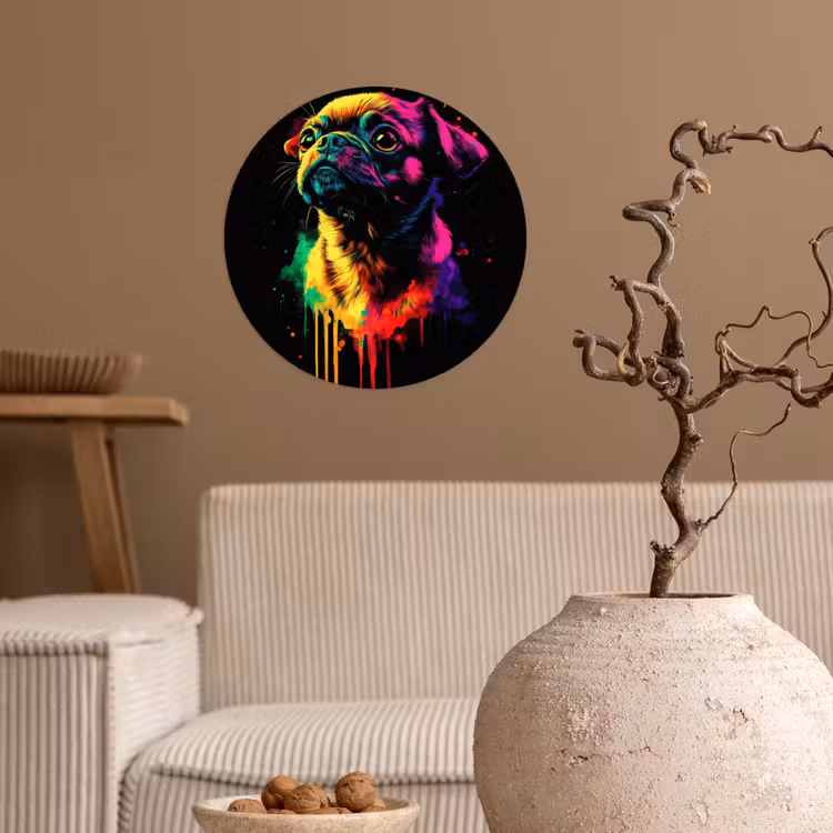 Puck - Hond - Verf - Kleuren Wandcirkel behangsticker klein -sfeer1