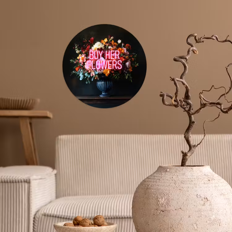 Quote - Bloemen - Vaas - Neon Wandcirkel behangsticker klein -sfeer1