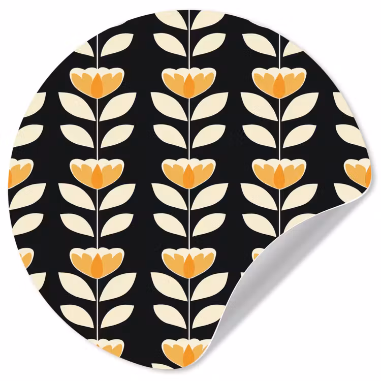 Retro - Bloem - Zwart - Okergeel Wandcirkel behangsticker klein 186 -3d