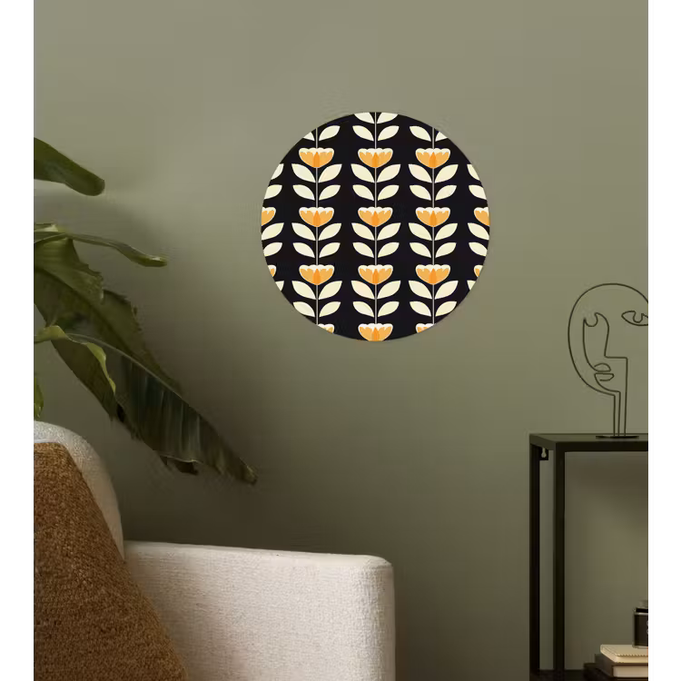 Retro - Bloem - Zwart - Okergeel Wandcirkel behangsticker klein 186 -sfeer2
