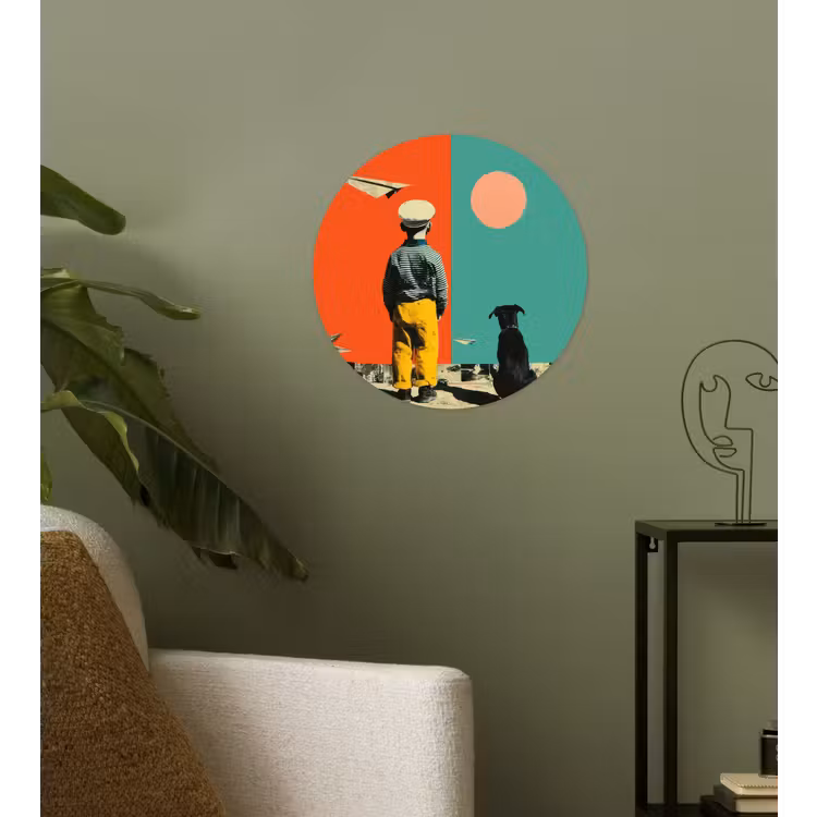 Retro - Jongen - Hond - Rood - Groen Wandcirkel behangsticker klein -sfeer2