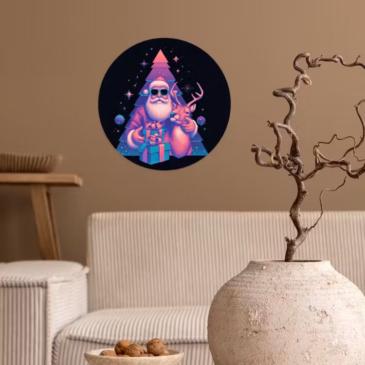Retro - Kerstman - Rendieren - Kerstboom Wandcirkel behangsticker klein -sfeer1