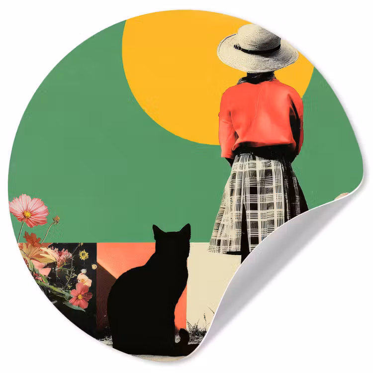 Retro - Meisje - Kat - Zon Wandcirkel behangsticker klein -3d