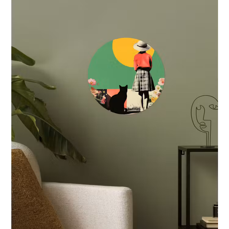 Retro - Meisje - Kat - Zon Wandcirkel behangsticker klein -sfeer2