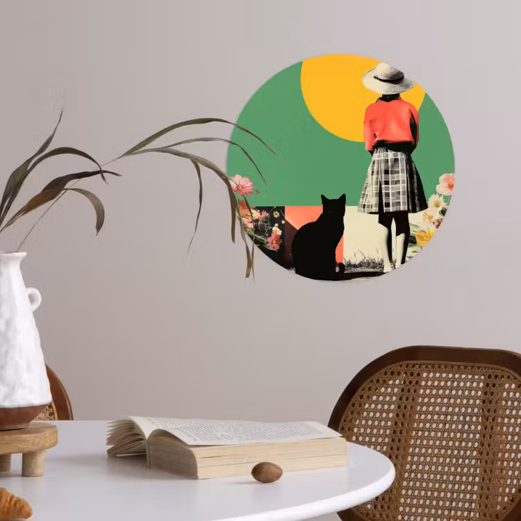 Retro - Meisje - Kat - Zon Wandcirkel behangsticker klein -sfeer3