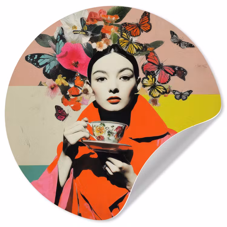 Retro - Vrouw - Kopje - Vlinders Wandcirkel behangsticker klein -3d